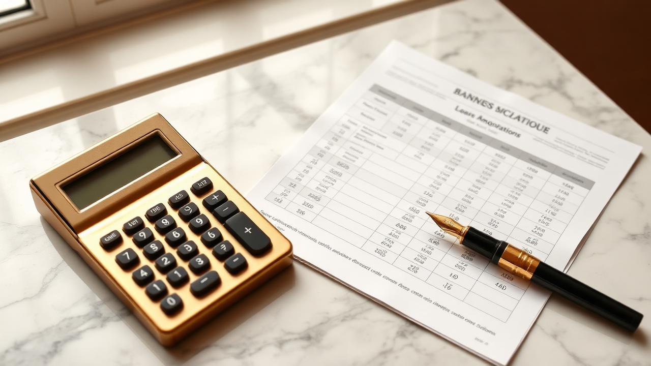 Calculatrice dorée et tableau d'amortissement sur un bureau en marbre — comprendre le TAEG