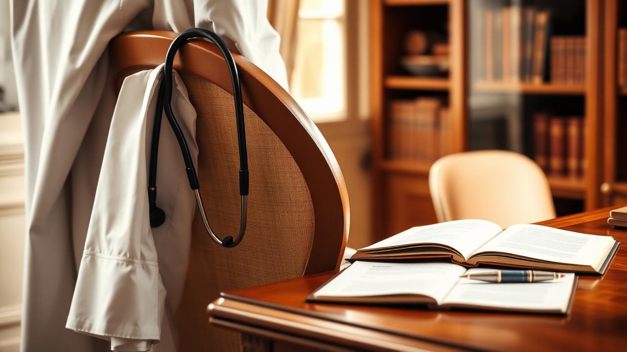 Blouse blanche et stéthoscope posés sur un fauteuil élégant à côté d'un bureau en bois et d'une bibliothèque — convention AERAS et risque aggravé de santé