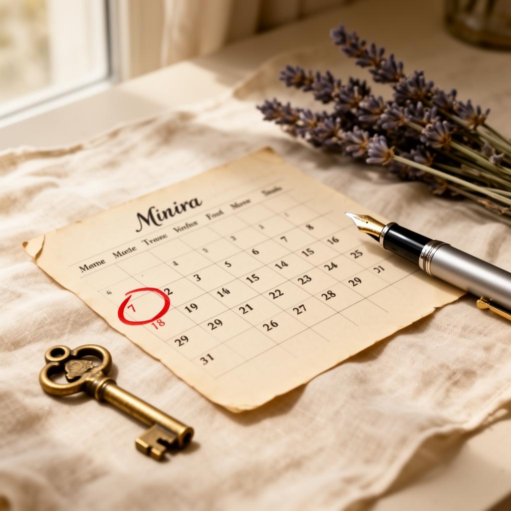 Calendrier vintage avec une date entourée en rouge, stylo plume, clé en laiton et lavande séchée sur lin ivoire — résiliation à tout moment loi Lemoine