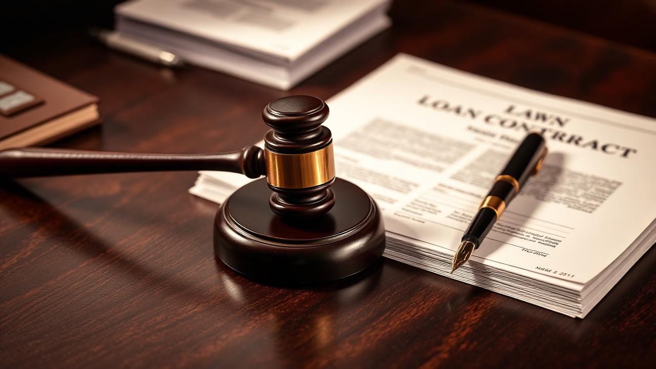Marteau de juge posé près de contrats de prêt et d'un stylo plume — cadre légal du rachat de crédits
