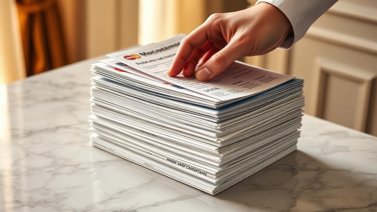 Pile de relevés et de contrats de crédit consolidés sur un bureau en marbre — regroupement de crédits