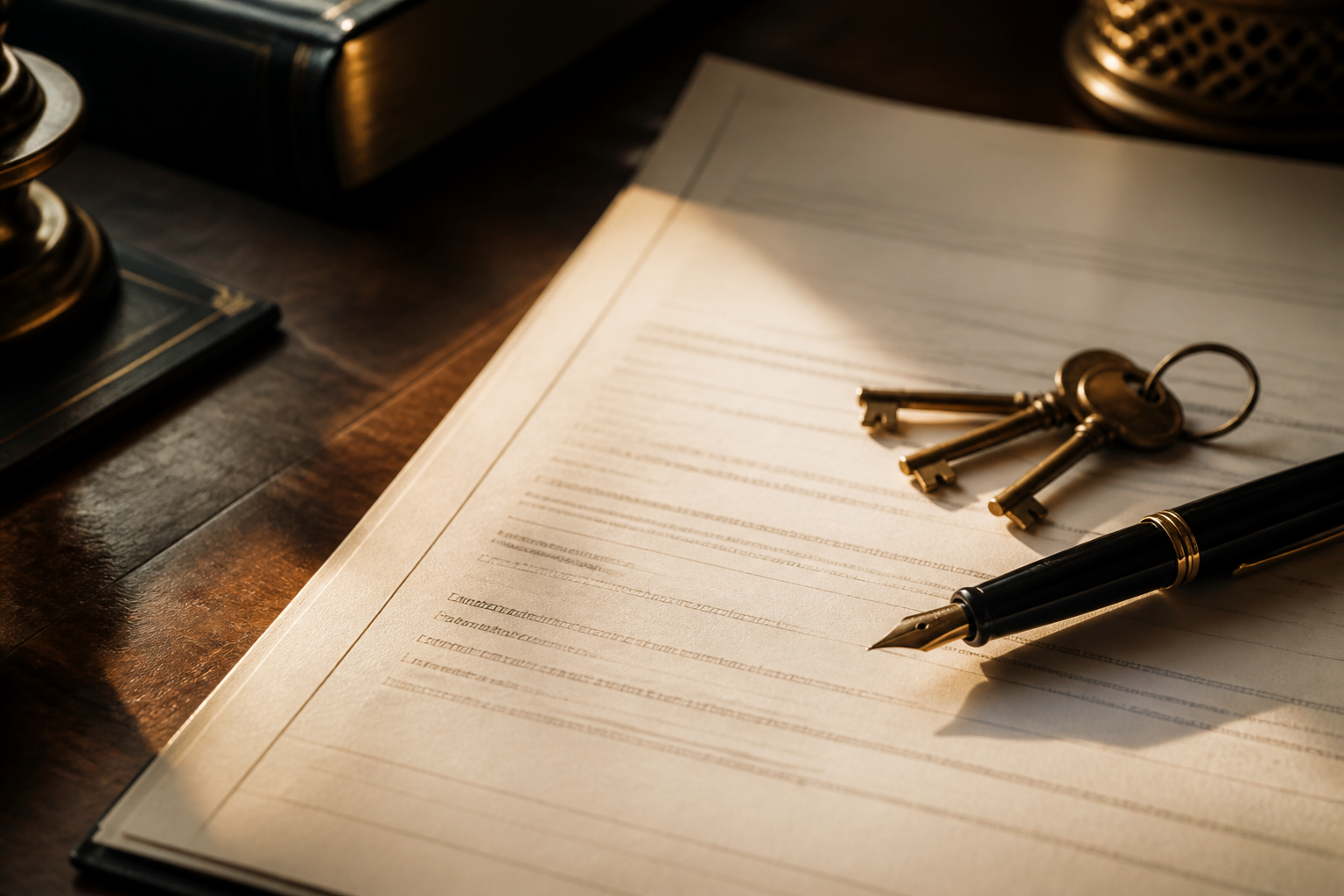 Document d'offre de prêt immobilier sur un bureau notarial, stylo plume et clés de maison