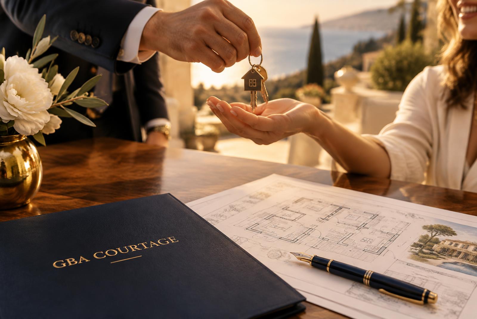 Un conseiller GBA Courtage remet les clés d'un nouveau logement à ses clients, sur un bureau avec des plans d'architecte